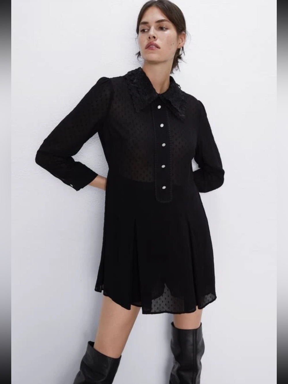 Zara Black Sheer Polka Dot Chiffon Lace Collar Button Jumpsuit size XS